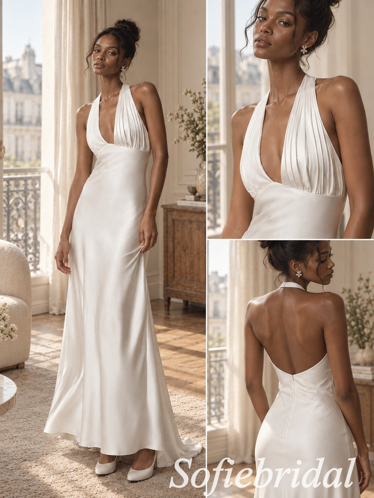 Ivory Satin Pleated Halter Deep V Open Back Floor Length Column Wedding Dress,PD1349