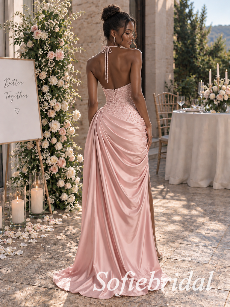 Stunning Dusty Pink Satin Halter Beaded Corset Mermaid Gown With Front High Leg Slit,PD1342
