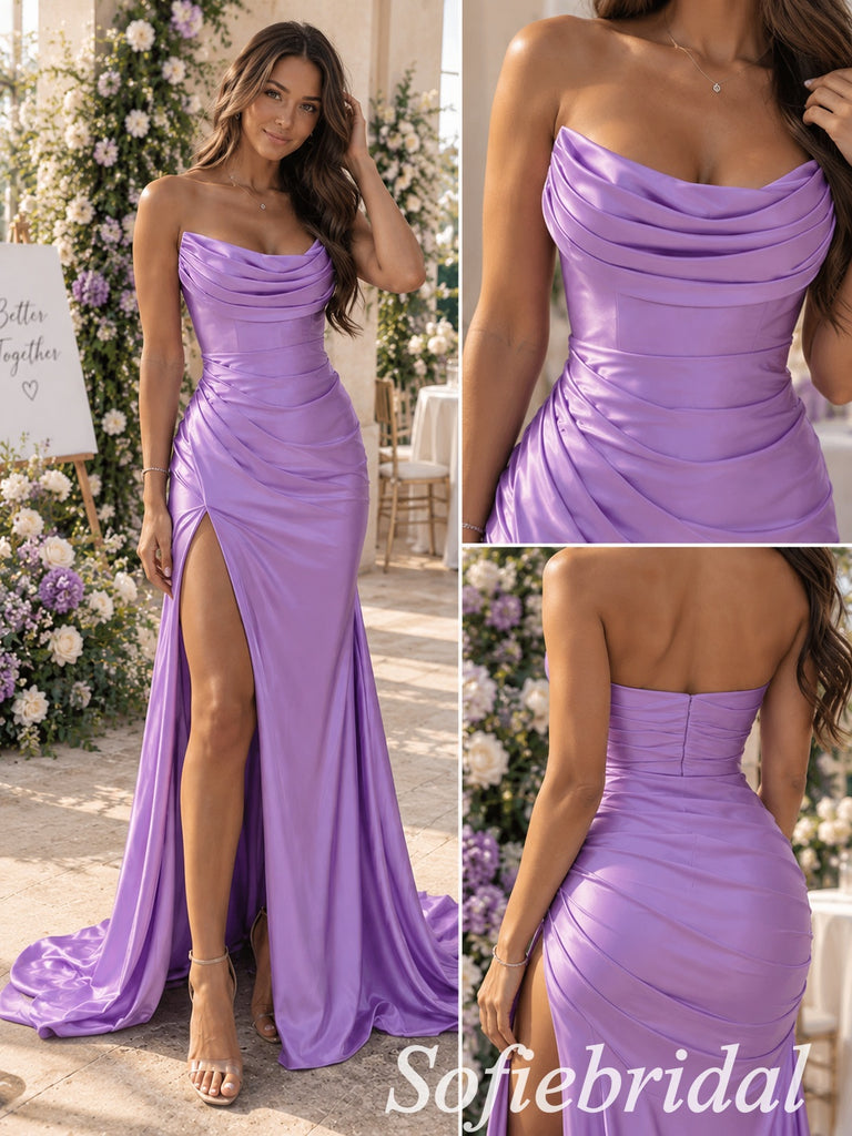Lavender Satin Cowl Neck Strapless Ruched High Slit Open Back Floor Length Mermaid Evening Gown,PD1348