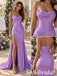 Lavender Satin Cowl Neck Strapless Ruched High Slit Open Back Floor Length Mermaid Evening Gown,PD1348