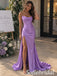 Lavender Satin Cowl Neck Strapless Ruched High Slit Open Back Floor Length Mermaid Evening Gown,PD1348