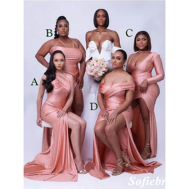 Sexy Soft Satin Mismatched Side Slit Mermaid Floor Length Bridesmaid Dress,SFWG00501