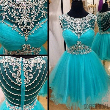 Short blue rhinestones sparkly Boho Vintage casual homecoming prom dress,BD0003