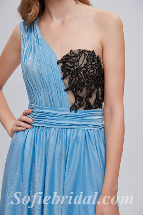 Sexy Blue Special Fabric One Shoulder A-line Side Slit Long Prom Dresses With Beading,SFPD0352