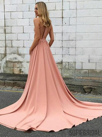 Halter Sleeveless Pockets Long Prom Dresses With Train, PD0049