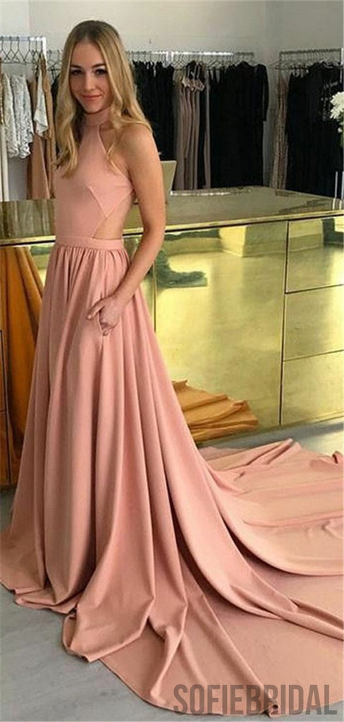 Halter Sleeveless Pockets Long Prom Dresses With Train, PD0049