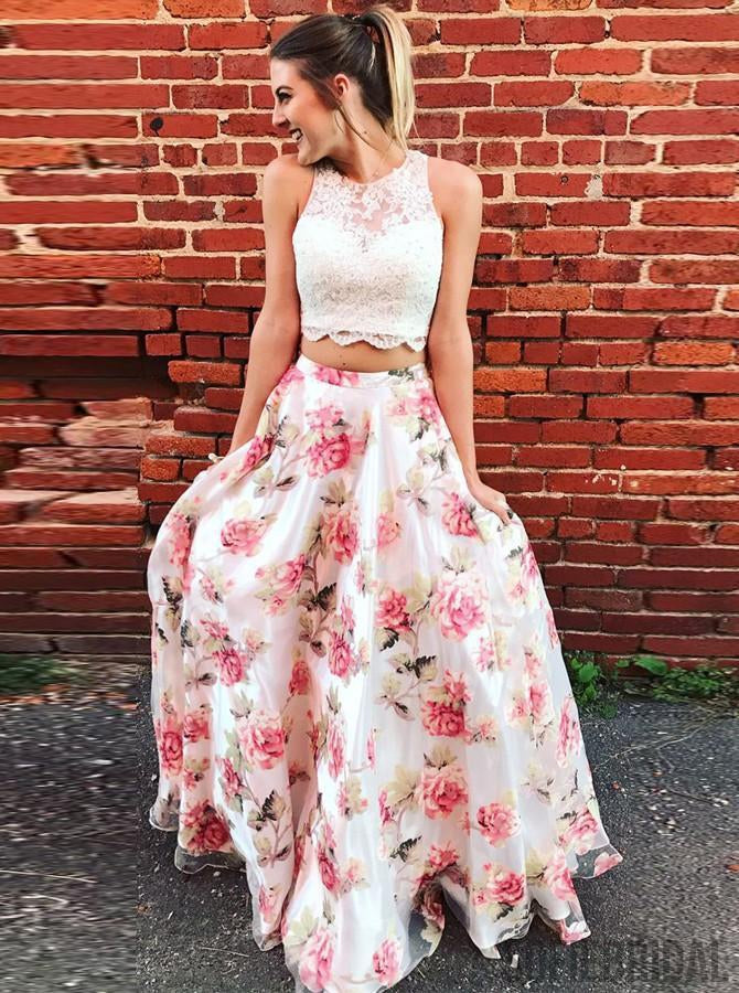 2 pieces Lace Top Floral Prom Dresses, Lovely Prom Dresses, Simple Prom Dresses, Cheap Prom Dresses, PD0353