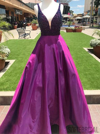 V-neck Beaded Long Prom Dresses, Satin Prom Dresses, A-line Cheap Prom Dresses, PD0712