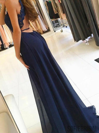Navy Blue Appliques Chiffon Prom Dresses, Side Slit Prom Dresses, Prom Dresses, PD0707