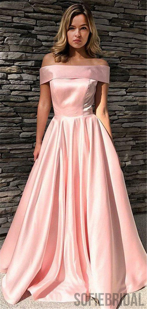 A-line Off-shoulder Zipper Back Simple Cheap Long Pink Prom Dresses, PD0101