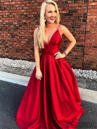 Spaghetti Straps Deep V-neck Simple Cheap Long Red Prom Dresses, PD0102