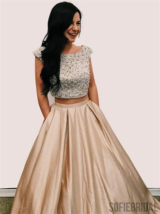 Two Piece Cap Sleeves Open-Back Beading Prom Dress, PD0016