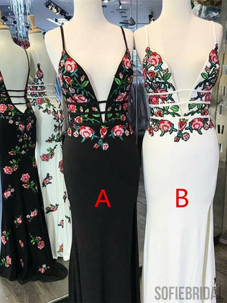 Sheath Deep V-neck Appliques Prom Dresses With Split, PD0088