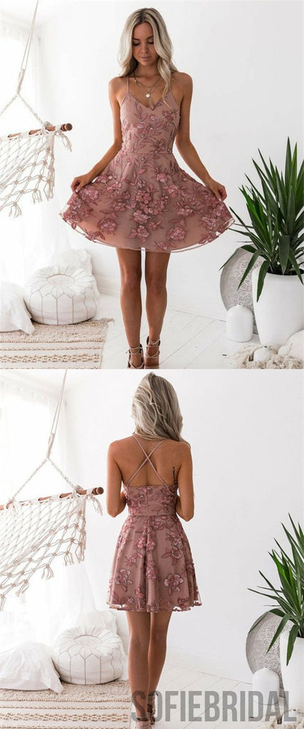A-Line Spaghetti Straps Appliques Backless Short Homecoming Dress, HD0164