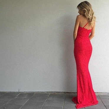 Halter Red Lace Prom Dresses, Mermaid Prom Dresses, Long Prom Dresses, Cheap Prom Dresses, PD0685