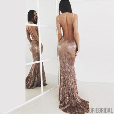 Mermaid Spaghetti Straps Backless Rose Gold Prom Dresses, PD0047