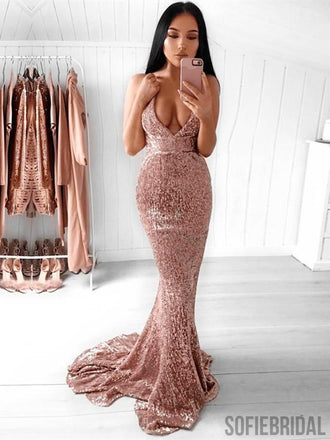Mermaid Spaghetti Straps Backless Rose Gold Prom Dresses, PD0047