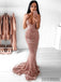 Mermaid Spaghetti Straps Backless Rose Gold Prom Dresses, PD0047