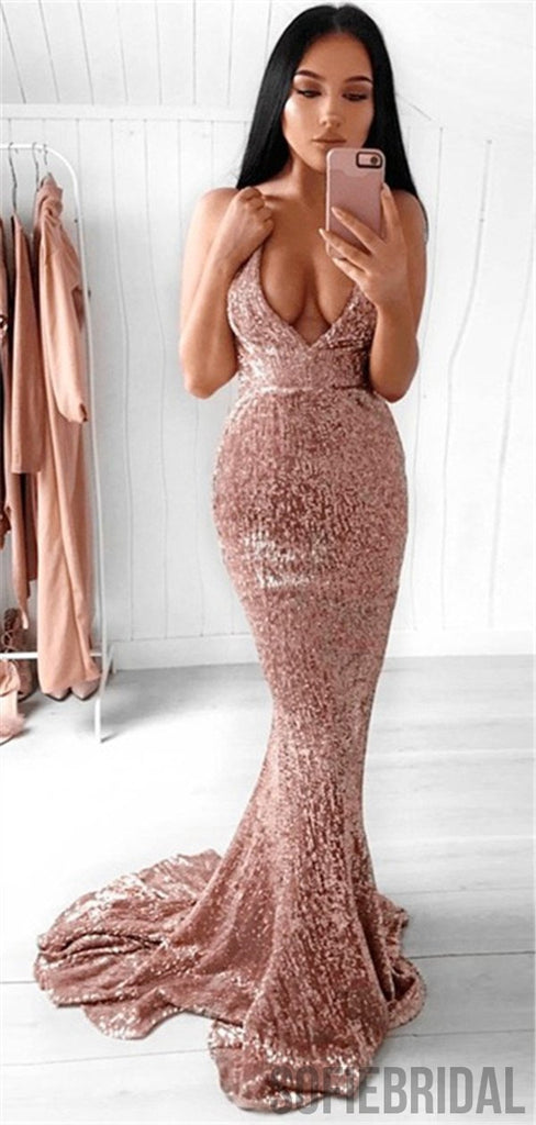 Mermaid Spaghetti Straps Backless Rose Gold Prom Dresses, PD0047