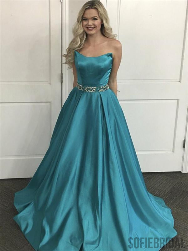 A-line Strapless Simple Cheap Long Prom Dresses With Beading, PD0097
