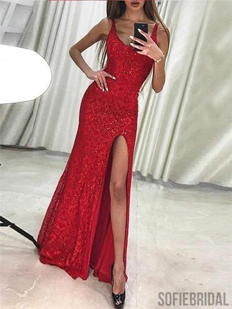 Sheath Bateau Neck Sleeveless Sequins Long Red Prom Dresses With Split, PD0100