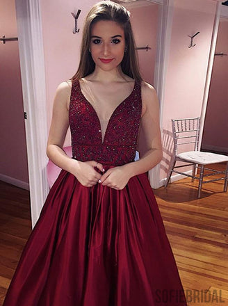 Red Beaded Satin Prom Dresses, Long A-line Prom Dresses, Cheap Prom Dresses, PD0711