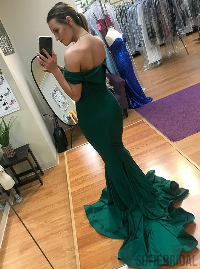 Mermaid Off-shoulder Long Green Prom Dresses With Train, PD0105