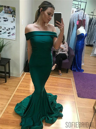 Mermaid Off-shoulder Long Green Prom Dresses With Train, PD0105