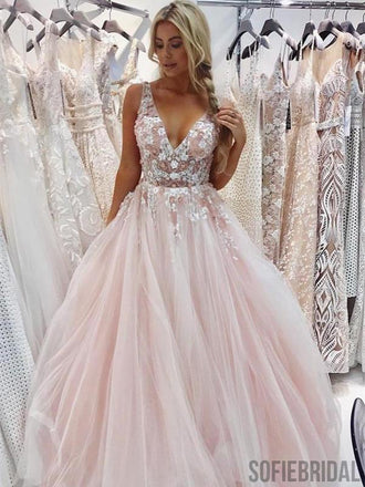 Charming A-Line V-Neck Floor-Length Appliques Beading Prom Dress, PD0066