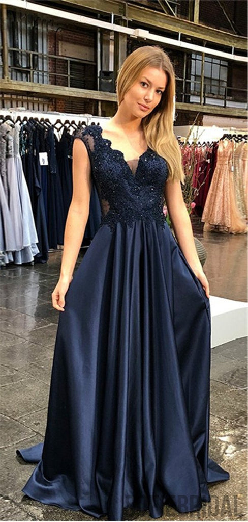 A-line V-neck Lace Cap Sleeves Beading Prom Dresses, PD0087
