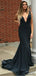Mermaid Deep V-neck Sexy Black Prom Dresses With Train, PD0086