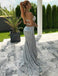 Mermaid Silver Sequins Backless Prom Dresses With Split, PD0075