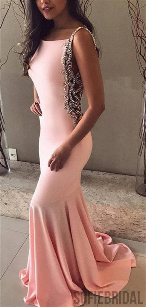 Mermaid Pink Backless Beading Prom Dresses With Train, PD0072