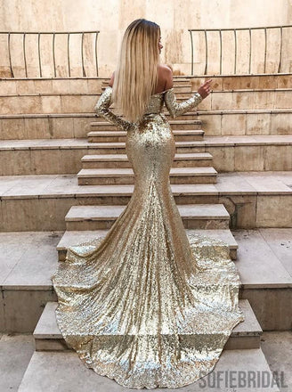 Mermaid Off-shoulder Long Sleeves Full Sequins Split Prom Dresses With Train, PD0104