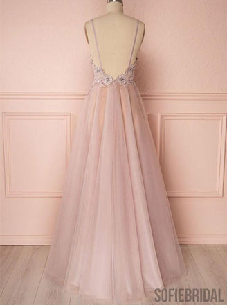 A-line Long Tulle Backless Pink Appliques Beading Prom Dress, PD0014