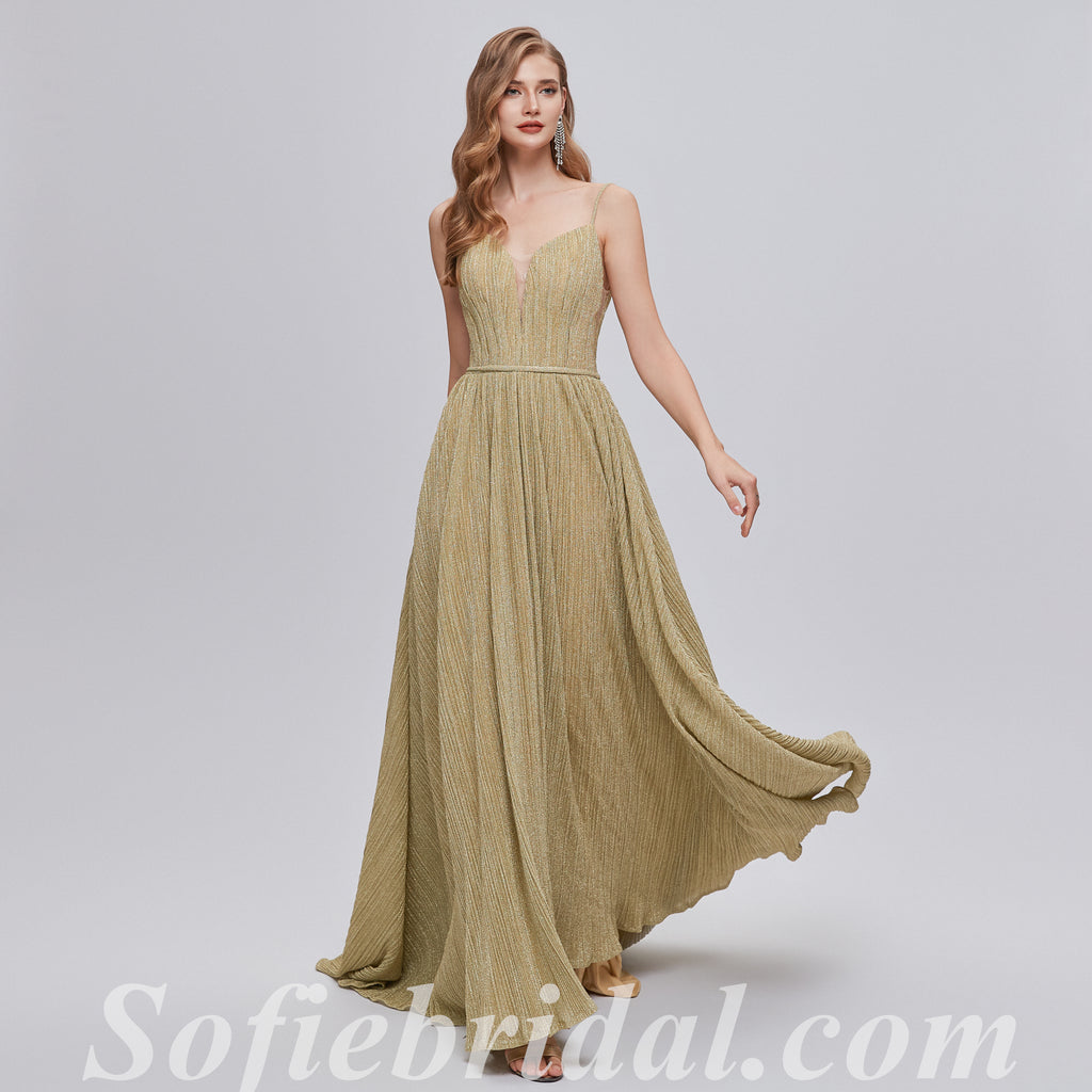 Elegant Special Fabric Spaghetti Straps V-Neck A-Line Long Prom Dresses,SFPD0351