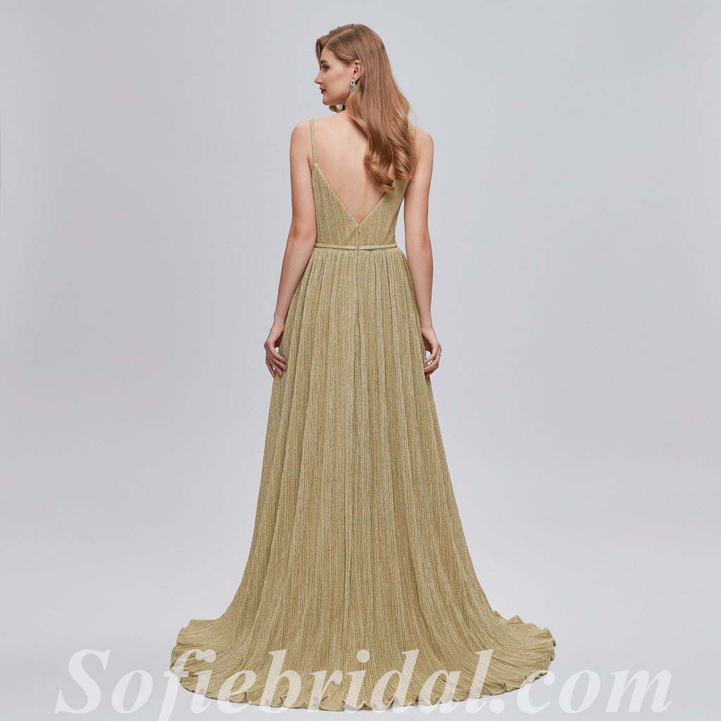 Elegant Special Fabric Spaghetti Straps V-Neck A-Line Long Prom Dresses,SFPD0351