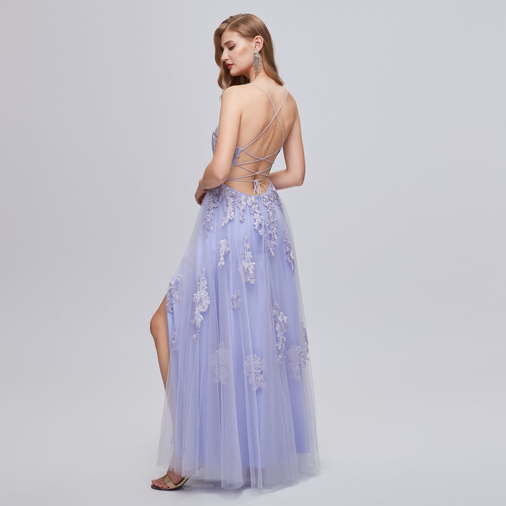 Cute Purple Lace Tulle Spaghetti Straps Side Slit A-Line Long Prom Dresses,SFPD0303