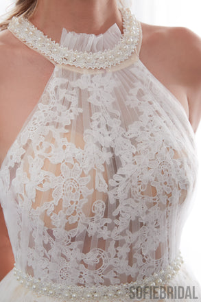 Halter Sleeveless See-though Lace Beading Long Tulle Wedding Dresses, WD0467