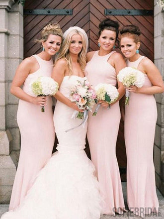 Mermaid Round Neck Long Simple Pink Bridesmaid Dresses, BD1020