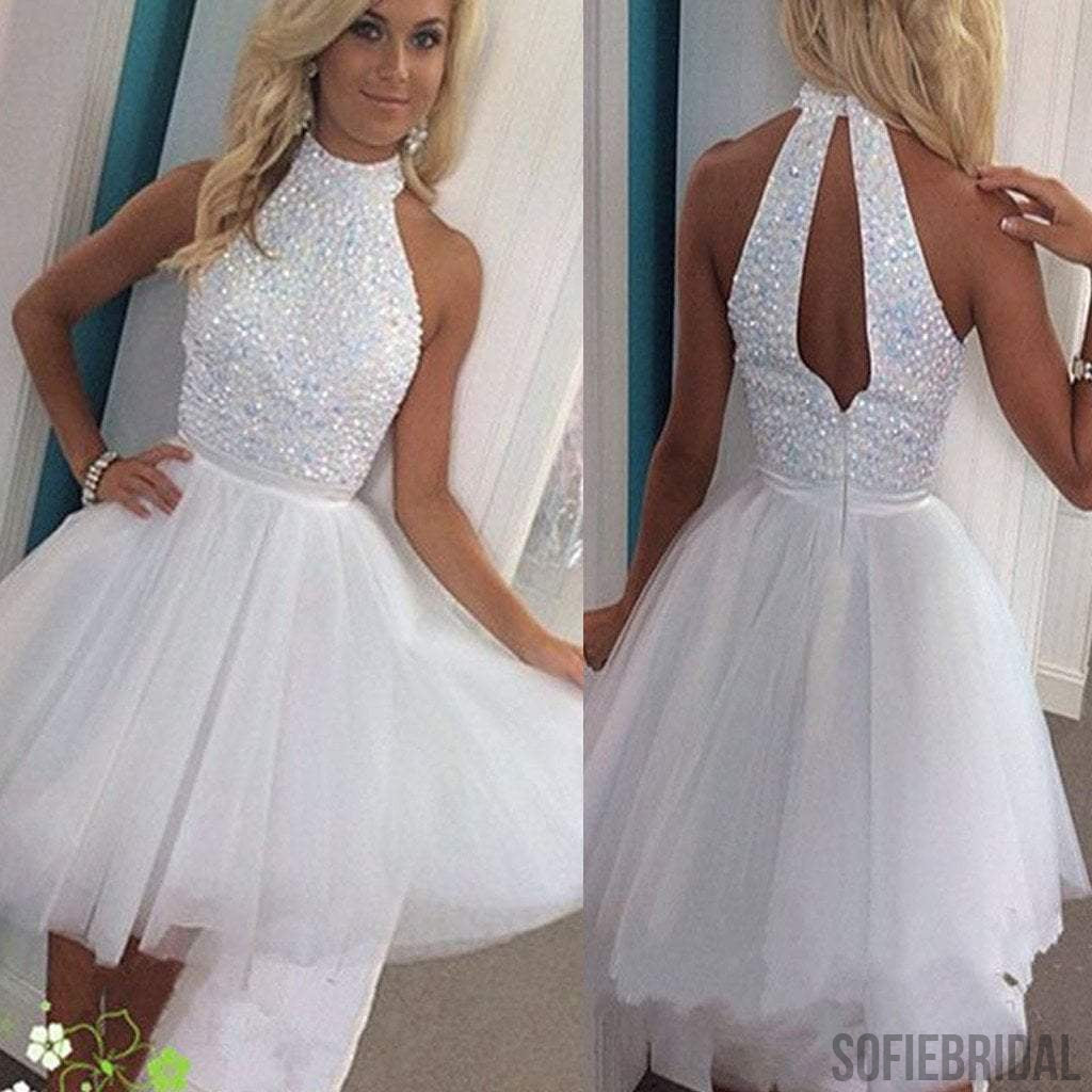 Short white beads sparkly open back off shoulder homecoming prom dress,BD0008