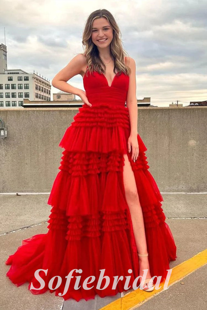 Sexy Red Tulle Spaghetti Straps V-Neck Side Slit A-Line Long Prom Dresses, PD0845