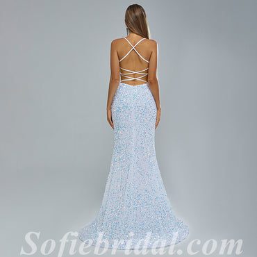 Sexy Sequin Scoop Sleeveless Criss Cross Side Slit Mermaid Long Prom Dresses,SFPD0338
