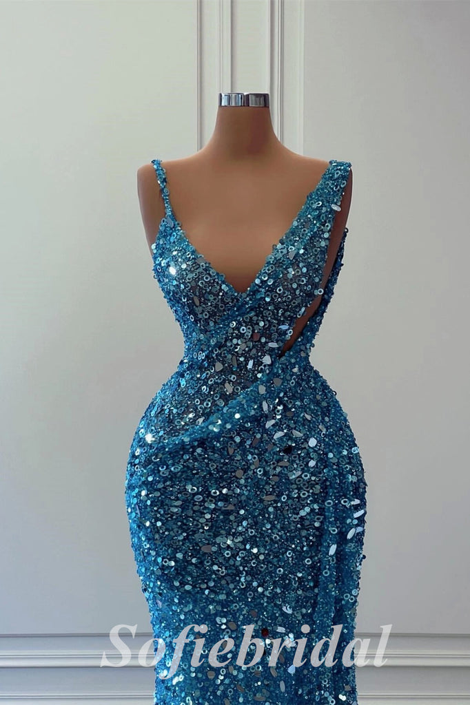 Sexy Sequin Spaghetti Straps V-Neck Mermaid Long Prom Dresses ,PD0763