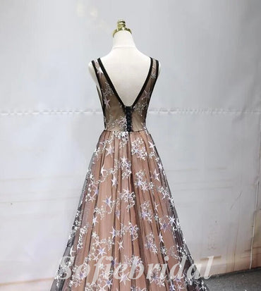 Elegant Star Tulle Spaghetti Straps V-Neck Sleeveless Lace Up A-Line Long Prom Dresses,SFPD0696