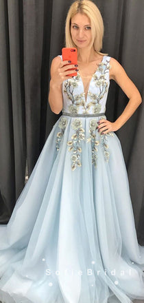 A-Line V-Neck Sleeveless Tulle Long Prom Dresses With Appliques,SFPD0001