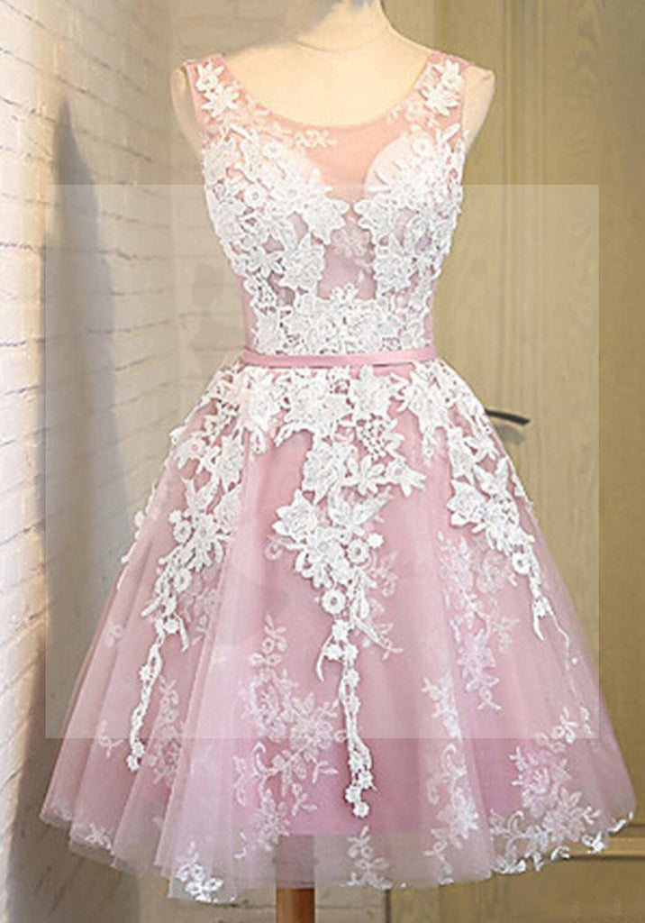 Off shoulder scoop neckline see through short pink homecoming prom dresses, CM0025