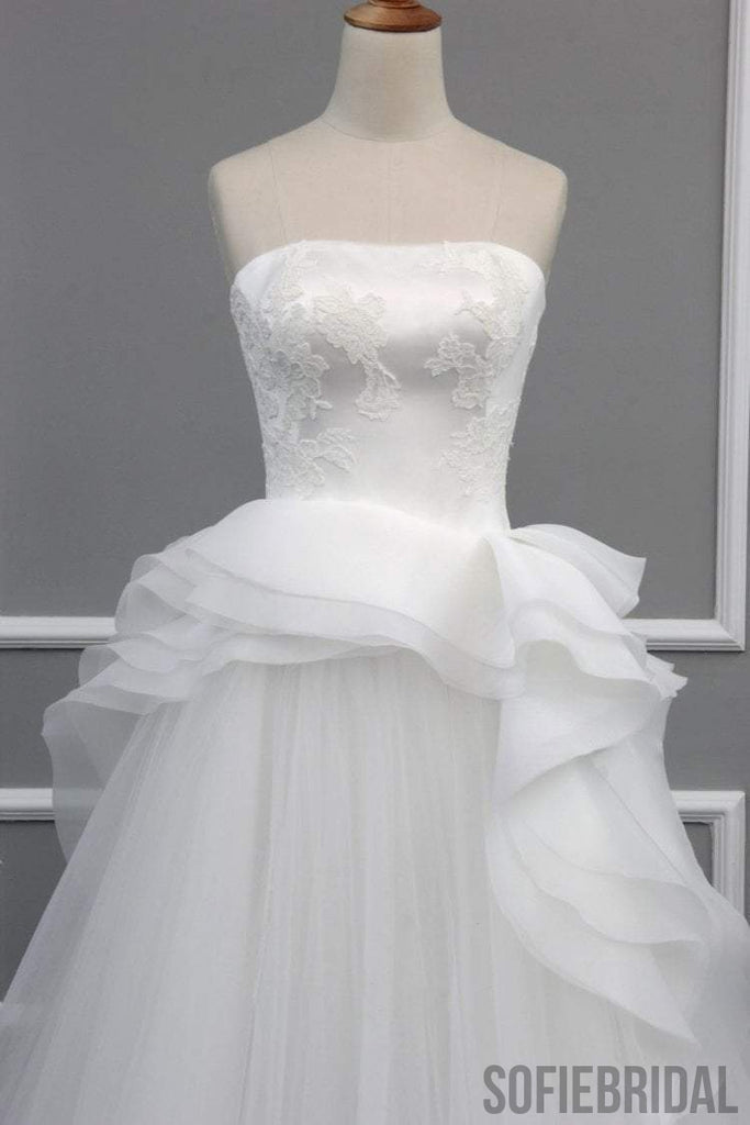 Straight Neckline Off White Lace Top A-line Tulle Gorgeous Lace Up Wedding Dresses, WD0232