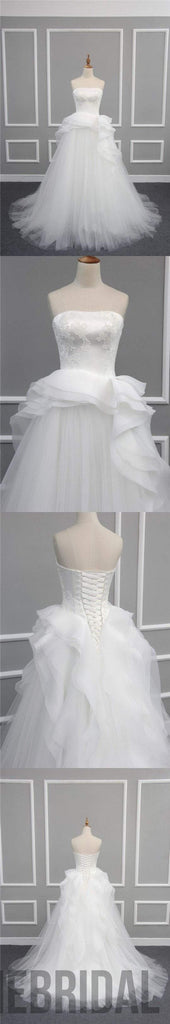 Straight Neckline Off White Lace Top A-line Tulle Gorgeous Lace Up Wedding Dresses, WD0232