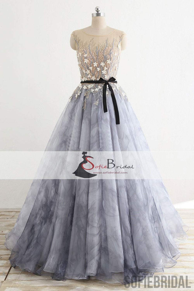 Gorgeous Lace Appliques Chiffon Prom Dresses, Unique Printed Chiffon Prom Dresses, PD0415